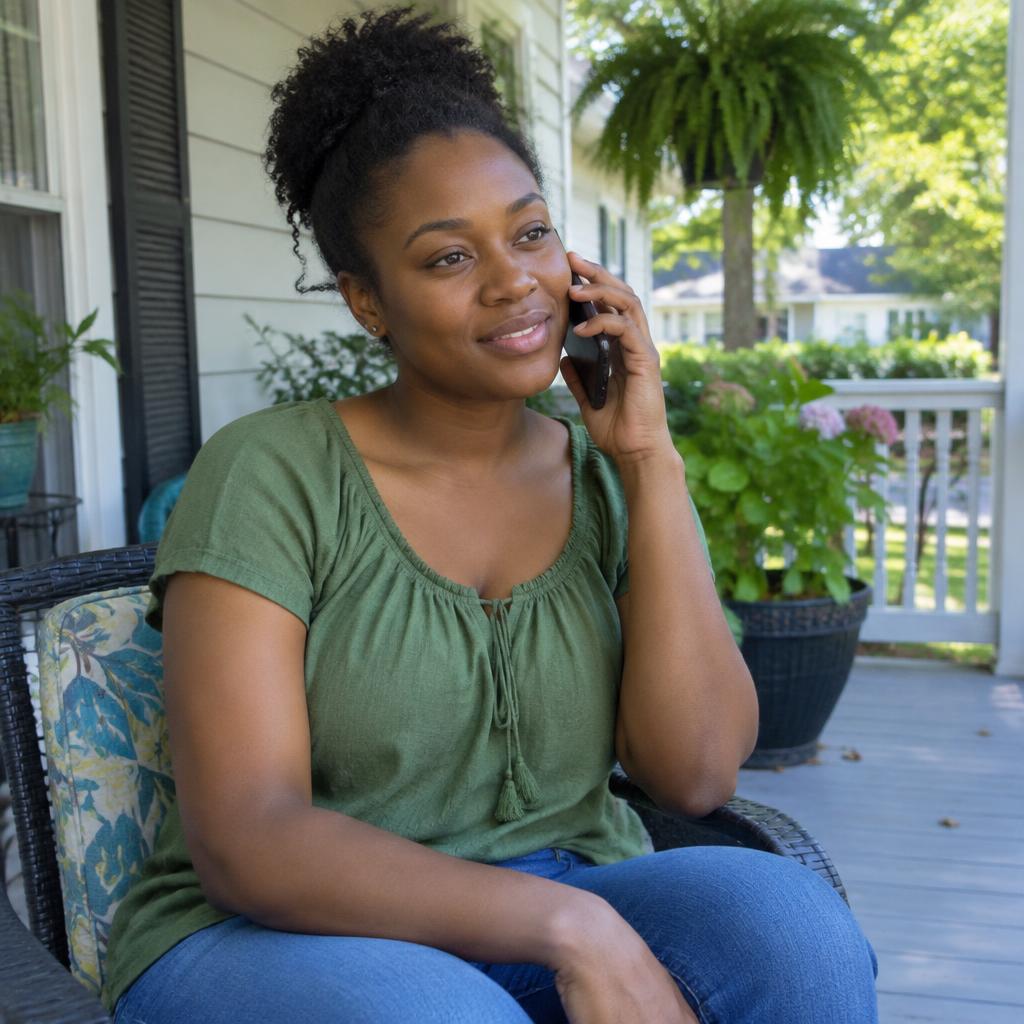 A woman having a calm phone conversation on her front porch