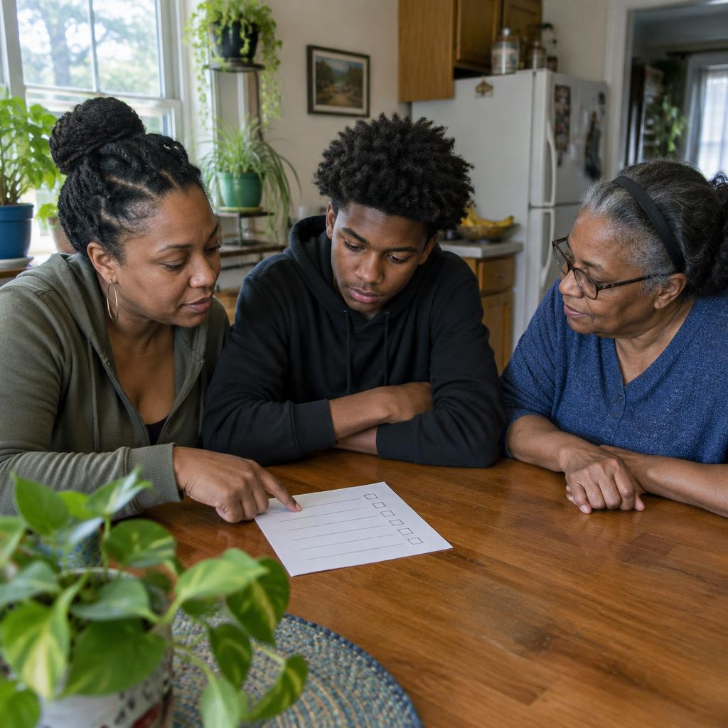 A family reviewing a support checklist together at home
