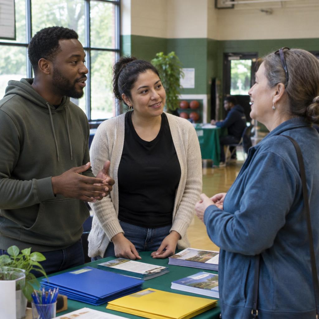 Community organizers discussing resources at a neighborhood center