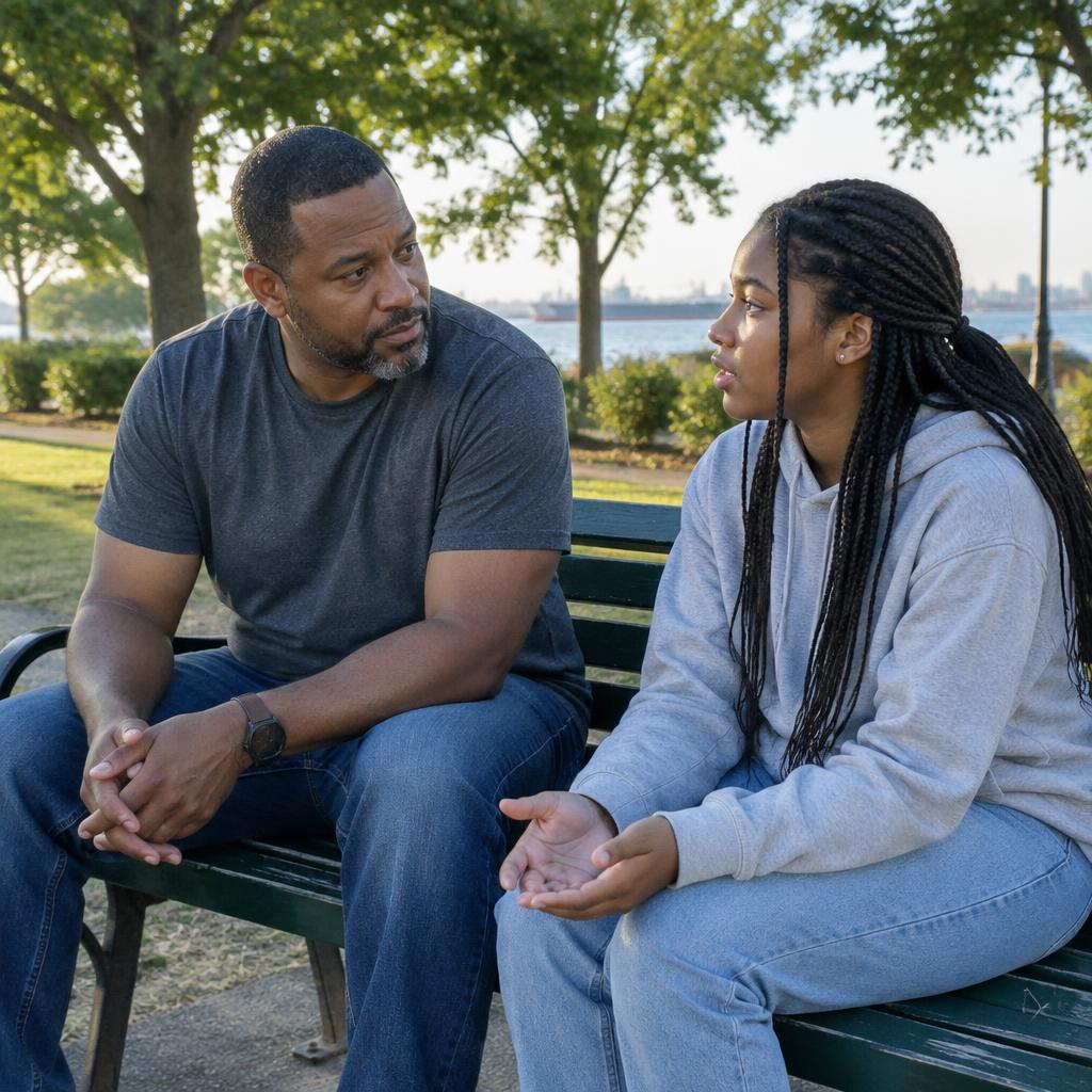 A father listening to his teenage daughter on a park bench